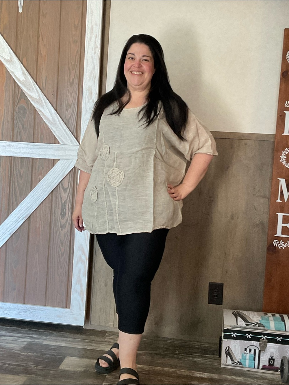 Relaxed Light Beige Tunic with Floral Appliqué